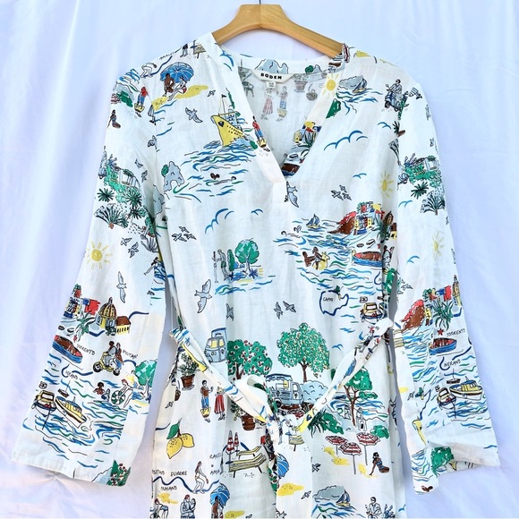 BODEN | CLEO LINEN TIE WAIST DRESS IN IVORY AMALFI COAST PRINT SIZE 6 - Picture 6 of 10